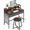 COSTWAY Scrivania per Computer con Supporto Monitor, Set Scrivania Salvaspazio con Sgabello, 3 Cassetti, Tasche Laterali, Stazione di Ricarica, Set Toeletta Trucco per Soggiorno Studio (Marrone)