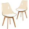 IPOTIUS Set di 2 Sedie Scandinave da Pranzo con Schienale Trasparente Marrone e Gambe in Faggio, Design Nordico Classico per Cucina/Ufficio/Giardino con Cuscino in Pelle Bianca