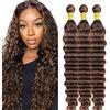 Hxxcoup Bundles Human Hair Extensions Natural Hair Deep Wave Brazilian Virgin Human Hair Highlight Brown Double Weft Extensions for Women Minimal Tangles 3 Bundles Total 300g 20 22 24 Inch