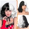 BARSDAR Corto Ondulata Nero e Bianco Parrucca con Frangia, Corto Costume Parrucche per le Donne 35cm Metà Nero Metà Bianco Parrucca con Frangia Sintetico Capelli Parrucche Cosplay Halloween