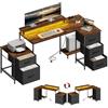 WOLTU Scrivania Angolare 180x80x84 cm con 5 Cassetti e 2 Ripiani, Scrivania per Computer a L con LED, 2 Prese, 1 Porta USB e 1 Porta Type-C, per Ufficio, Gioco, Studio, Marrone Rustico