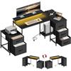 WOLTU Scrivania Angolare 180x80x84 cm con 5 Cassetti e 2 Ripiani, Scrivania per Computer a L con LED, 2 Prese, 1 Porta USB e 1 Porta Type-C, per Ufficio, Gioco, Studio, Nero