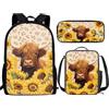 THKVSV Zaino per ragazze e ragazzi scuola elementare zaino per studenti elementari borsa con portapranzo borsa portamatite stampa cavallo, Girasoli della mucca delle Highland, One Size, Zaino daypack