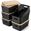Huiguli 6 Pezzi Scatole Plastica con Coperchio Bambù, Organizer Cucina e Bagno, Impilabile Salvaspazio Cestino Vimini Contenitore Plastica con Bambù Coperchio per Armadio, Ufficio,Camera (Nero)