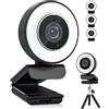 MOOILKO Webcam HD 4k 30fps con luce ad anello regolabile e microfono, webcam messa a fuoco automatica copertura for la privacy for conferenze, streaming live, registrazione Lavoro d'ufficio