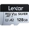 Lexar Silver Micro SD Card 128 GB, Microsdxc TF Card fino a 205 MB/s in lettura, 100 MB/s in scrittura, scheda di memoria micro SD+ adattatore, A2, U3, Classe 10, V30, Full HD e 4K UHD Video