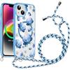 Xylota Magnetica Cover con Cordino per iPhone 14/iPhone 13 6,1, Compatibile con MagSafe, Aesthetic Fiori Disegni Custodia con Corda Collana Tracolla Laccio, Trasparente Silicone TPU Case, Blu 02