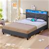 KIMENICH Letto 140x200 con illuminazione a LED, Letto Imbottito con Prese, Testiera con Vano Portaoggetti, Struttura Lettos con Rete a Doghe, Camera da Lettos, Lino grigio
