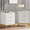 Tribesigns Comodino Set di 2, 3 cassetti alto comodino con stoccaggio, moderno elegante tavolino per camera da letto, soggiorno, bianco e oro (Bianco)