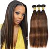 Hxxcoup 30 32 34 Inch Bundles Human Hair Extensions Natural Hair Straight Brazilian Virgin Human Hair Highlight Brown Double Weft Extensions for Women Minimal Tangles 3 Bundles Total 300g