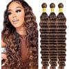 Hxxcoup 22 24 26 Inch Bundles Human Hair Extensions Natural Hair Deep Wave Brazilian Virgin Human Hair Highlight Brown Double Weft Extensions for Women Minimal Tangles 3 Bundles Total 300g