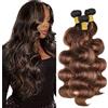 Hxxcoup 30 32 34 Inch Bundles Human Hair Extensions Natural Hair Body Wave Brazilian Virgin Human Hair Highlight Brown Double Weft Extensions for Women Minimal Tangles 3 Bundles Total 300g