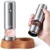 Sangcon-EP Sangcon Mini Set Macina Sale e Pepe Elettrico con Base in Legno, Ricaricabile USB, Piccolo Macinapepe Automatico, da Viaggio/barbecue/bambini, Controllo con un Pulsante (Acciaio inossidabile)