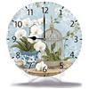 Geroclonup Home Decor Orologio da parete a secchiello con tulipani bianchi Hello Spring 25 cm Orologio da parete rotondo a batteria silenzioso shabby chic decorazione da parete per soggiorno cucina