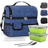 BalladHome Borsa Termica Porta Pranzo 10L Borsa Termica Borsa Frigo con doppio scomparto, 2 Contenitori Alimentari e 1 set di posate, per uomo e donna per Lavoro, Scuola (Blue, 2 Contenitori)-X