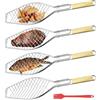 GBKDQQ Set di 4 arrosti per pesce, con manico in legno, griglia per pesce in acciaio inox con spazzola per olio, 60 x 15 cm, pinza per pesce per barbecue e barbecue