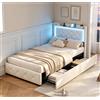 BRILVERDE Letto singolo 90x200 con LED/USB, Letto imbottita con Cassetti, con Testiera, con rete a doghe in velluto (Beige, 90 x 200 cm)