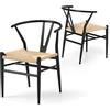 COSTWAY Set di 2 Sedie Sala da Pranzo, Sedie Impilabile Moderna in Metallo con Seduta Intrecciato, Schienale a Forma di Y e Braccioli, Poltrone per Ufficio, Cucina e Ristorante (Nero e Naturale)