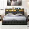 MOTUZP Struttura letto 140 x 200 cm, letto imbottito, letto matrimoniale, capienza testiera con funzione di ricarica LED e USB, moderno letto imbottito con vano portaoggetti, in pelle nera, senza materasso
