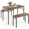 COSTWAY Tavolo da Pranzo con 2 Panche, Set di Tavolo e Panca in Legno e Metallo per 4 Persone, Set Mobile Salvaspazio e Moderno da Cucina, Sala da Pranzo e Soggiorno, Marrone