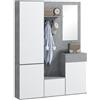 HOMCOM Mobile Attaccapanni da Ingresso 4 in 1 con Specchio, Ganci e Ripiani Regolabili Interni, Mobile da Ingresso Multiuso in Legno con Cassetto, 145x29x184 cm, Grigio e Bianco