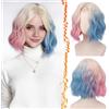BARSDAR Ombre Rosa Blu Breve Ondulata Parrucca, Sintetici Breve Ondulata Rosa Blu Biondo Parrucche per Donna 35cm Parte Centrale Ricci Aspetto Naturale Cosplay Partito Halloween Costume Parrucche