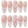 Aribliseza Vintage Unghie finte a mandorla, 24 pezzi Press On Nails lungo mandorla, rosa nude unghie finte con design fiocco bianco e viola, unghie softgel adesive per set manicure donna