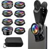 PORFOYO Obiettivo 10 in 1 per cellulare, cellulare, fotocamera con obiettivo fish-eye 198 gradi 0,63 × grandangolo 15 X obiettivo macro teleobiettivo filtro stella caleidoscopio CPL per smartphone e iPhone