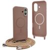 YFSYLL Magnetica Cover per iPhone 16 Plus con Cordino,Compatibile con MagSafe,Silicone Case con Regolabile Cordino da Collo Nylon Catena Collana Tracolla - Marrone
