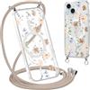 Krdvekm Cordino Cover per iPhone 15 Plus 6,7'', Aesthetic Fiori Motivo Disegno Magnetica Trasparente PC Compatibile con MagSafe Case Corda Laccio Antiurto Protettiva Custodia per Ragazze, Marrone