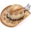 ARTOCT Cappello da cowboy in paglia, cappello estivo a tesa larga, cappello di paglia da cowboy da spiaggia per uomini e donne, cappello da sole da cowboy occidentale con fascia di perline