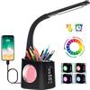 Wanjiaone Lampada da scrivania per bambini con portapenne e luce notturna RGB, lampada da tavolo adolescente con ora sveglia temperatura calendario, lampada da comodino per bambini dimmerabile - nero