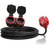 Poppstar Prolunga per esterno 3 m (2 prese Schuko, IP44, 16A/3680W, H05RR-F 3G1.5), nero/rosso