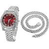 HALUKAKAH Orologio d'oro con Diamanti,Bambino Platino Placcato Oro Bianco 36MM Larghezza Rosso Quadrante Quartz 20cm con Catena Cubane40cm Nacklace,Confezione Regalo Gratuita