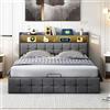 LSFYYDS Letto Matrimoniale con Contenitore 140x190 cm, Struttura Letto Imbottito con Sistema di Sollevamento a Gas e LED USB, Supporto a Doghe in Legno, Senza materasso, Lino Grigio