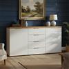 Dmora Credenza Benoni, Buffet da Soggiorno, Madia da Salotto, Dispensa da Cucina, Made in Italy, 180x43h89 cm, Bianco Lucido e Rovere