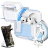 R-fun Custodia per AirPods 4 con kit di pulizia, elementi in fibra di carbonio militare a prova di caduta cover auto pop-up, supporto per telefono e base magnetica con gancio a moschettone