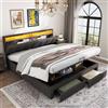 KOOPMAD Letto a Cassetti 160x200 con LED e 2 Cassetti, Letto Matrimoniale Idraulico Imbottito con Mensole Aperte e Ripostiglio Nascosto nella Testata Imbottita, Letti con Sommier, Letti per 2 Persone