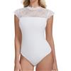 Joyshaper Body da donna in pizzo elegante con scollo alto, con volant e maniche corte, Bianco, XL