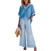 Generico Completo da Donna in Cotone e Lino a Due Pezzi a Righe, Composto da Camicia a Maniche a 3/4 e Pantaloni a Gamba Larga, con Scollo a V. (Blue,L)