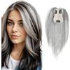 Aiokrtse Topper donna 100% capelli umani, parrucca top con clip base 4,3x2,75, topper capelli veri per capelli diradati, extension a clip e accessorio capillare superiore dal look naturale 35CM Colore Grigio