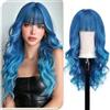 Sofeiyan Parrucca Lunga Riccia,60 cm Sfumatura blu Zaffiro Parrucca Ondulata Donna con Frangia,Sintetica Resistente al Calore per le Donne con Capelli Radi Indossare Tutti i Giorni Feste