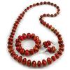 Avalaya Collana lunga con perline in legno rosso/nero/oro, orecchini pendenti, set braccialetto flessibile, lunghezza 80 cm, Misura unica, Legno, Perline in acrilico