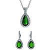 Bling Jewelry Set di gioielli classico da sposa con ciondolo a forma di pera, solitario a goccia, halo con zirconi cubici AAA simulati verde smeraldo, collana e orecchini pendenti coordinati per donne, placcato
