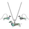 Kiara Jewellery, set di collana con ciondolo a forma di bassotto intarsiato con conchiglia di abalone verde, colletto in pietra di vetro su catena da 45,7 cm e orecchini a gancio ipoallergenici