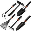 Instalguru BRADAS® Set di attrezzi da giardino 6 pezzi DE LUXE in acciaio 6 in 1 pezzo: 2 x palette da fiori 6 cm e 8 cm, piccolo rastrello, zappa combinata (doppia zappa), coltivatore, rastrello per erba
