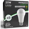 Eurocali 8x Lampadine LED E27 20W Opaca (2452 lumen pari a 150W) Forma: Goccia A80 Luce Bianco Naturale 4000K Fascio Luminoso 310