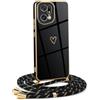 YAMCCCSE Cover per Oppo Find X5 Pro 5G con Collana Amore Cuore Custodia per Silicone Sottile Laccio Tracolla Case con Protezione Fotocamera Dorata Placcatura Cornice Paraurti, Nero