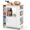 GYMAX Carrello da Cucina con Ruote, Mobile per la Cucina con Piano in Bambù, Portabottiglie da 6 Posti, Ruote Piroettanti Bloccabili, Isola Cucina con Portaspezie e Portasciugamani, Bianco (Bianco)