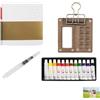 Fwobumy 4 pezzi Mini Kit Acquerello da Viaggio, Pallet Acquerello Portatile con Clip 8 Scomparti in Noce con Pennello ad Acqua, 12 Colori per Artisti, Taccuino Schizzi, Regalo per Pittori Artisti